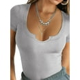 thumbnail image 2 of Women'S Short Sleeve T-Shirts Form Fitting Ribbed Knit V Scoop Neck Basic Crop Top Flower Ash L, 2 of 9