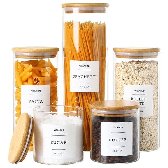 5 Pack Glass Storage Jars with Airtight Bamboo Lids - Stackable Kitchen Pantry Containers for Dry Foods