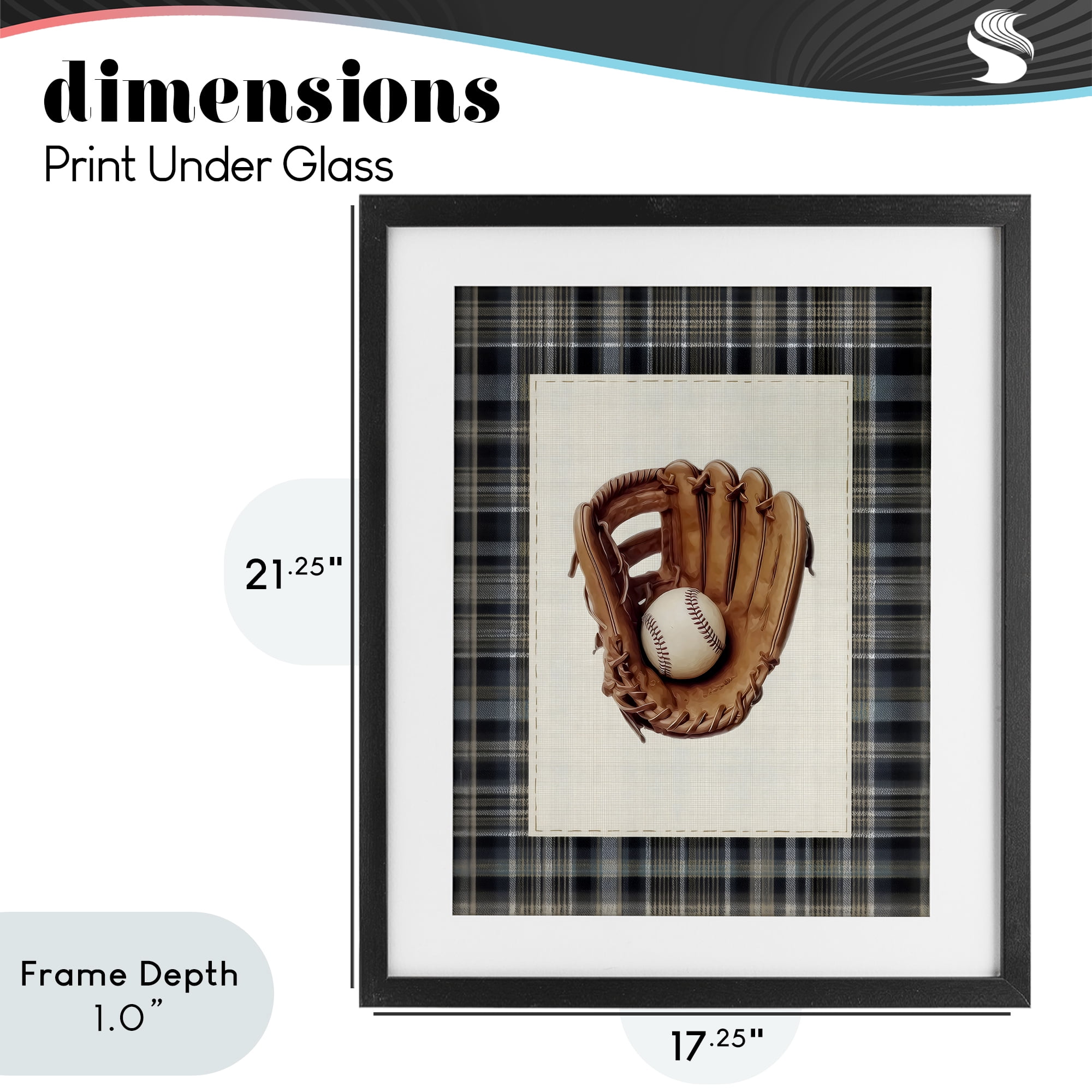 Stupell Industries Baseball Glove with Plaid Black Framed Print Under Glass, design by Arlington Prints