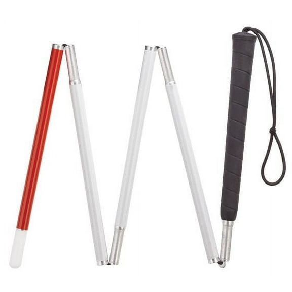 Visually Impaired Cane 4-Section 50" Folding Grip White Cane, Black Handle Aluminum Cane