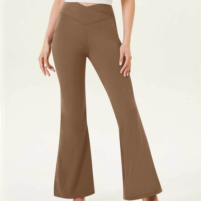 Puntoco Pantalones De Yoga Deportivos De Cintura Cruzada De Color Sólido Para Mujer Caqui M