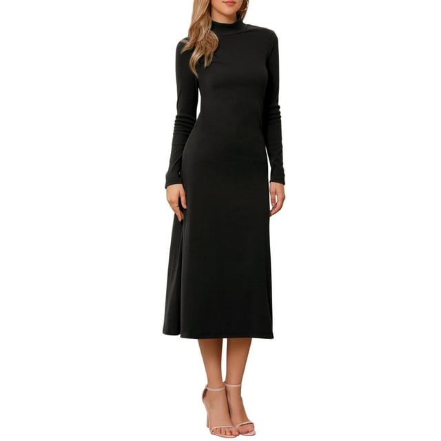 Vestido de suéter de cuello alto de mujer Inspire Chic, de manga larga, elástico, fluido, de punto acanalado, maxi, talla XS, negro