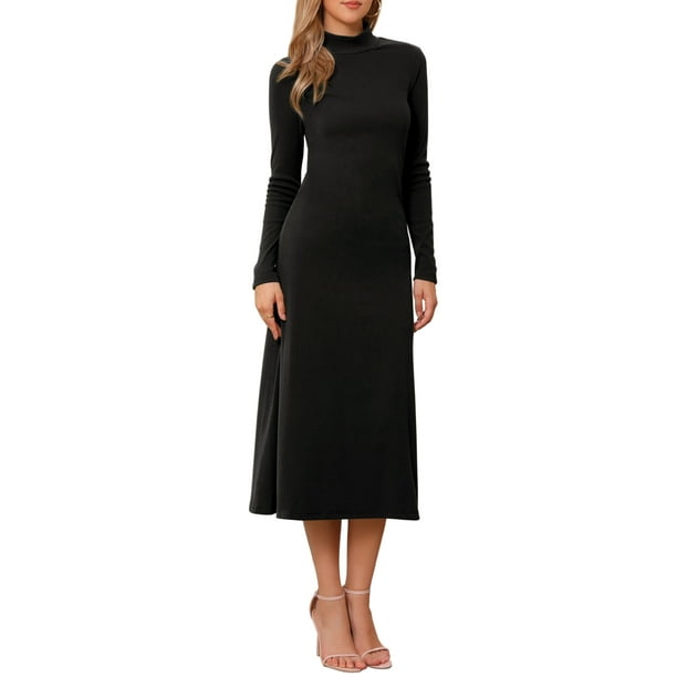 Vestido de suéter de cuello alto de mujer Inspire Chic, de manga larga, elástico, fluido, de punto acanalado, maxi, talla XS, negro