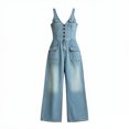 thumbnail image 4 of Womens Casual Denim Overall Jumpsuit Sleeveless V Neck Button up Top and Wide Leg Trousers Soft Washed Denim Fashion One Piece Outfit S-2XL Light Blue, 4 of 7