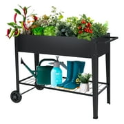FXW Raised Garden Bed with Wheels, Metal Planter Box with Leg for Indoor/Outdoor for Vegetables Flower Herb Patio, With Bottom Shelf for Storing Tools & Water Drainage Hole, Black