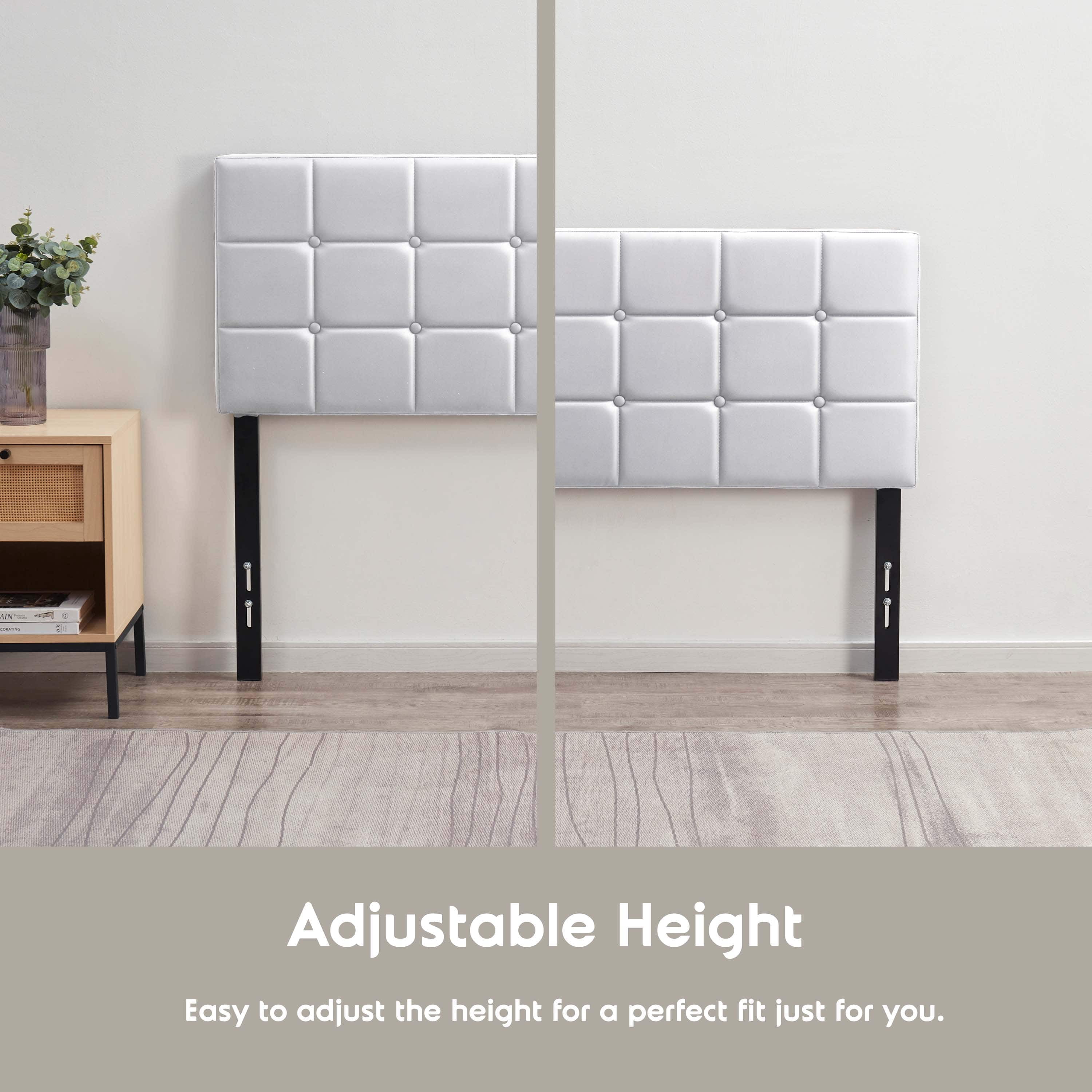 LammaLoe Faux Leather Button Square Tufted Full Headboard with Adjustable Height, White, Full