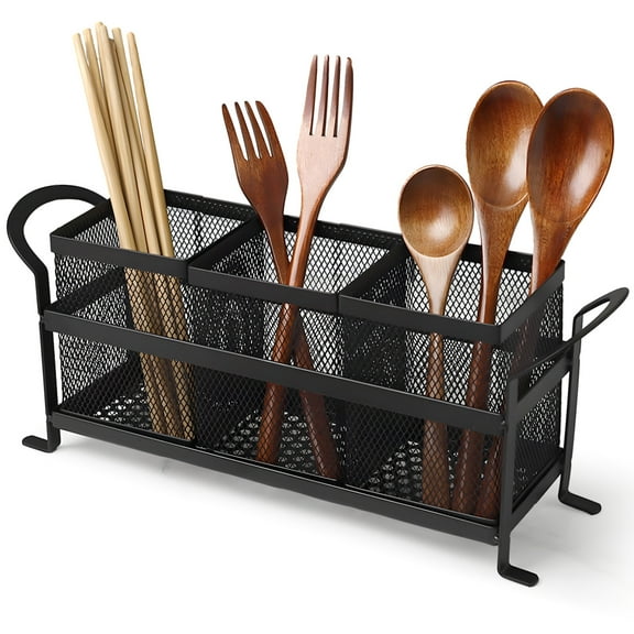 Brown Utensil Holder, Kitchen Countertop Organizer for Silverware, 3-Compartment Mesh Draining Caddy, Multi-Purpose Flatware Drainer, Office Desk Stationery Supply