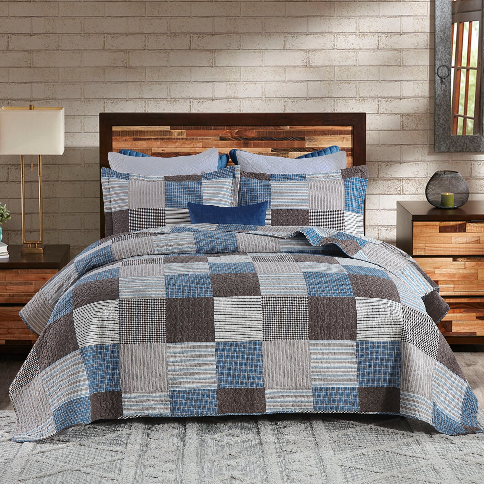 PANGUSHAN 100% Cotton King Quilt Set, Farmhouse Patchwork King Size Quilt Bedding Set Bedspreads, Reversible Quilted Lightweight Comforter, Blue/Brown Bed Spread for King Bed, 3 Pieces