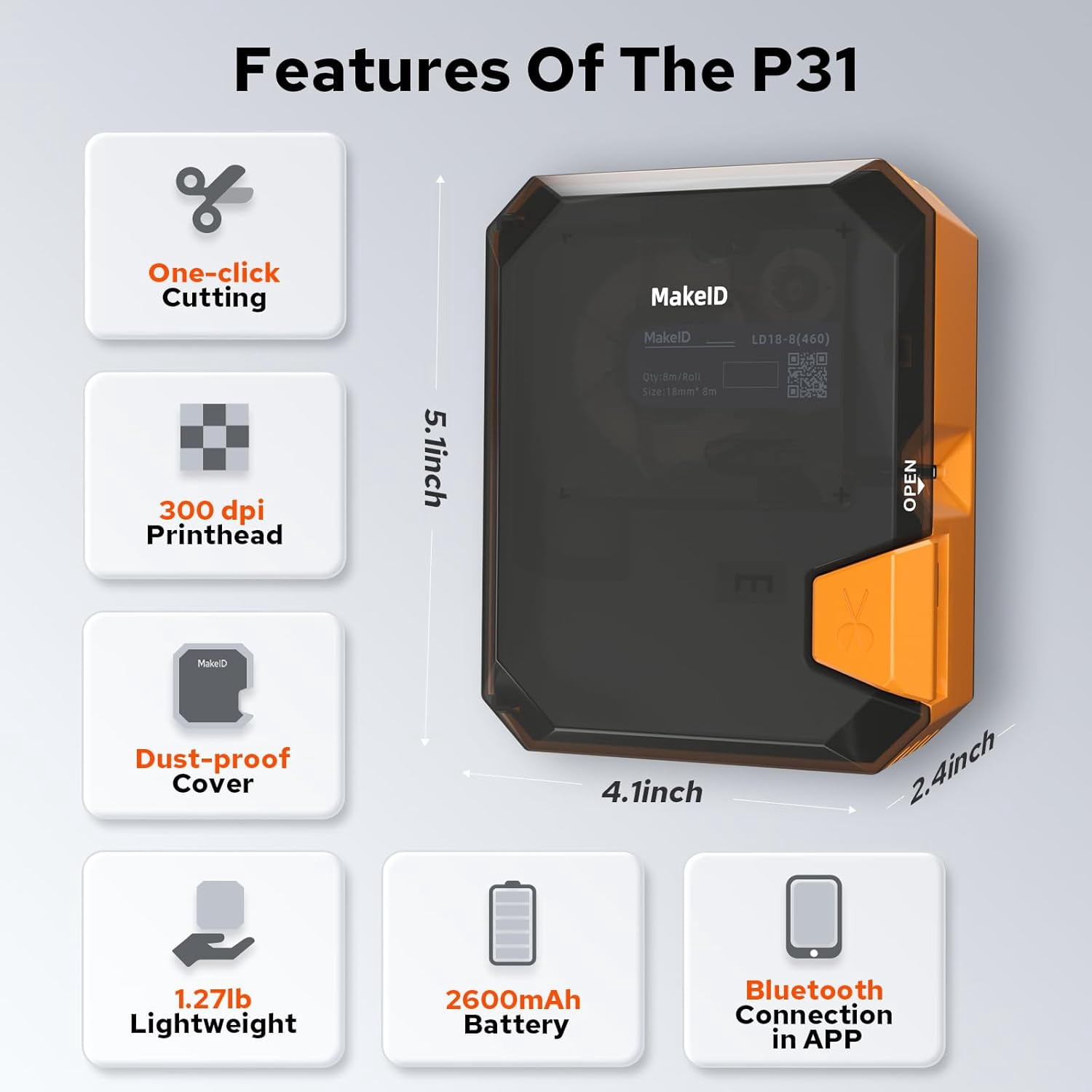 MakeID P31 Industrial Thermal Transfer Label Printer, Portable Bluetooth Labeler with Wire and Cable Labeling Machine