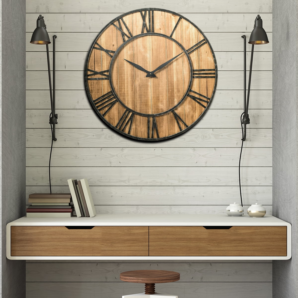 Topbuy Rustic Round Wall Clock, Decorative Wooden Clock with Battery