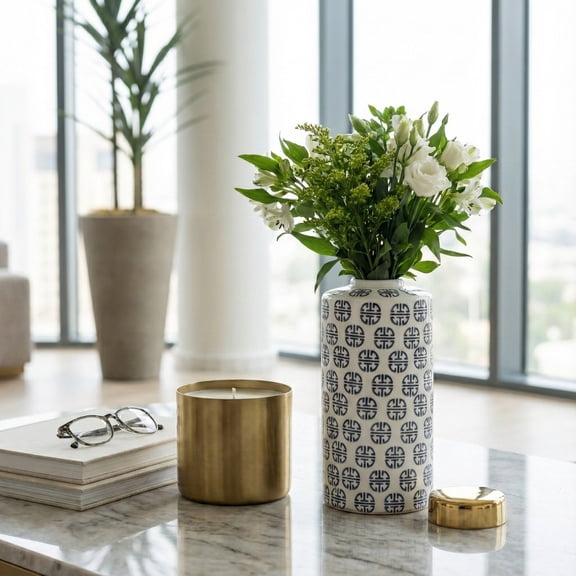 Modern Ceramic Ginger Jar for Living Room Decor - Flower Vase for Bedroom, Home Display, and Dining Room - Decorative House Accent for Office and Console Table Decor - 13", Blue & White