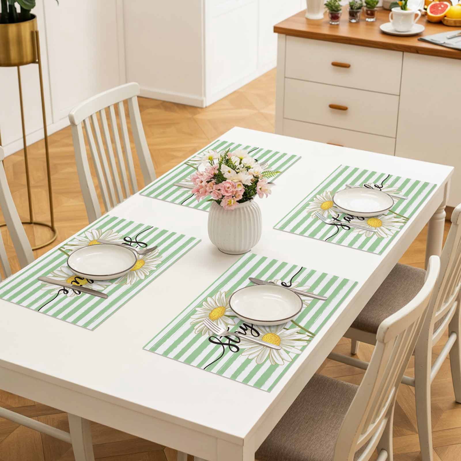 Daisy Flower Placemats Set of 4, Watercolor Farmhouse Country Floral Stripe Placemats for Dining Table, Place Mats for Kitchen Tabletop, Waterproof Wipeable Dining Table Mats Set