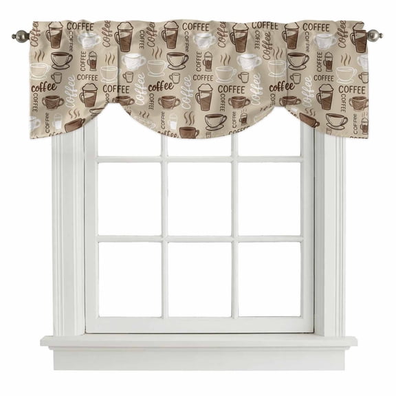 Coffee Tie Up Valance Curtains for Windows, Kitchen Curtains Window Treatments, Beige Farmhouse Retro Beans Latte Tea Cup Funny Short Window Shades Valances for Bedroom Bathroom Cafe 42"x12"