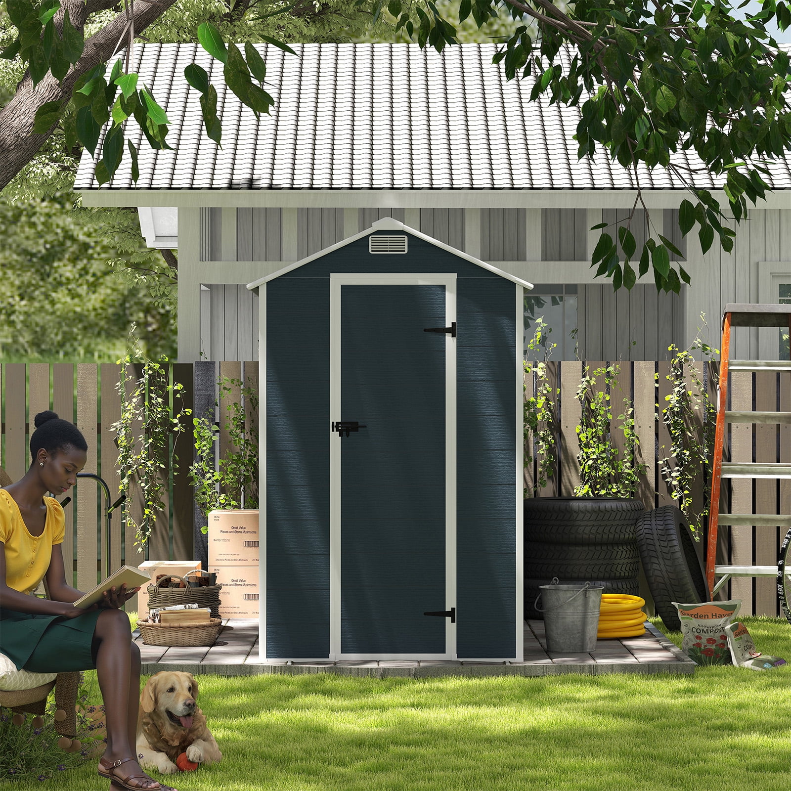 4x8 FT Resin Outdoor Storage Shed, Waterproof Plastic Garden Shed, Large Storage Space, Lockable Doors & Windows, Plastic Tool Shed, 12mm Thick PP Board (4X8 FT)