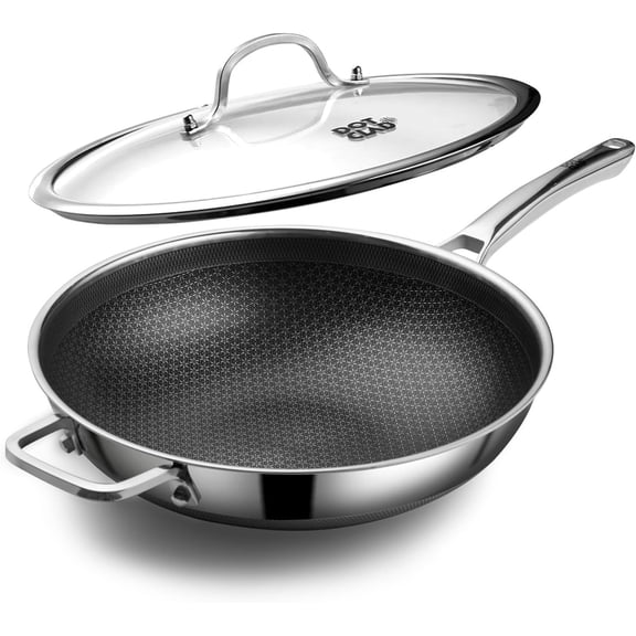 Wok Pan Hybrid 12 inch Wok with Lid Cover Stir-fry pans Nonstick Stainless Steel