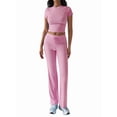 thumbnail image 2 of Women'S 2 Piece Lounge Sets Short Sleeve Tops Fold-over Flare Pants Casual Outfits Matching Set Pink S, 2 of 9