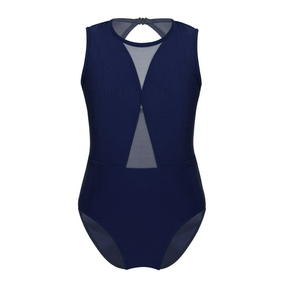 YONGHS Kids Girls Mesh Splice Ballet Dance Gymnastics Leotard Tops Athletic Bodysuit 3-12 Navy Blue 10-12