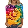 thumbnail image 2 of VBTAPA 3/4 Length Sleeve Womens Tops Tie Dye Print Crewneck T-shirt Trendy Casual Graphic Tees Loose Fit Mid-length Summer Blouse Limited Time Sales Multicolor XXXXXL, 2 of 5
