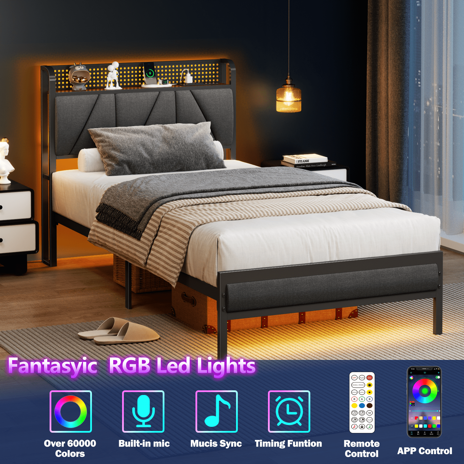 Satifur Twin Bed Frame with Upholstered Storage Headboard, Metal Platform Bed Station with Charging Station & LED, Noise-Free.No Box Spring Needed