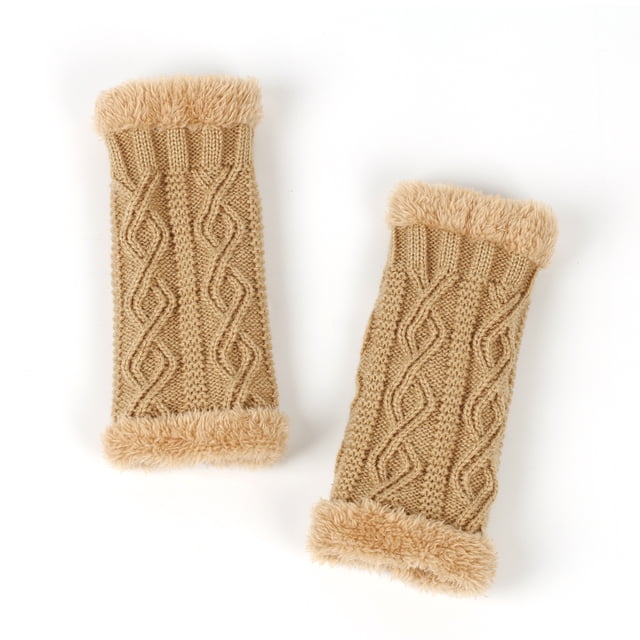 GPOECD Lined Thickened Gloves Pattern Short Knit Fingerless Gloves Arm Sleeves Khaki,One Size