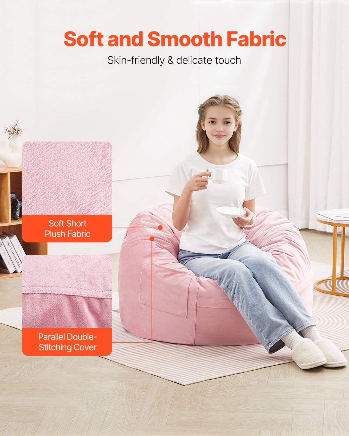 KFFKFF Bean Bag Seat, 3-foot Circular Bean Bag with Detachable and Cleanable Cover, 25D Memory Foam Packed with Gentle and Silky Dutch Velvet, Bean Bag for Sleeping Room or Game Room, Rose