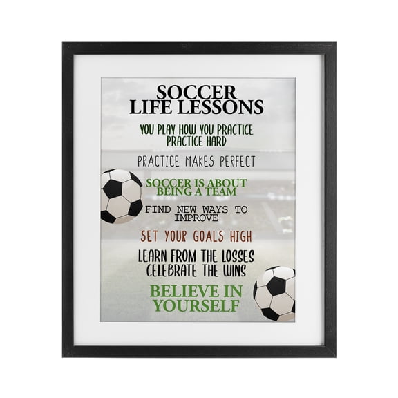 Soccer Life Lessons Black Framed Print Under Glass, design by Kim Allen