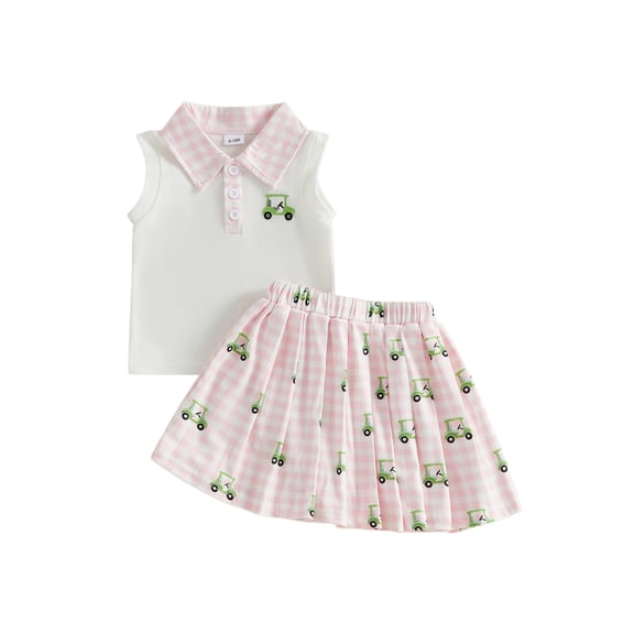 BemeyourBBs Toddler Baby Girl Summer Clothes Infant Baby Summer Clothes Button Down Collar Sleeveless Vest Tank Tops Golf Cart Print Elastic Waist Pleated Skirt Set