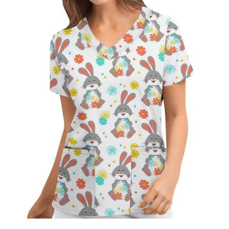 

Aunavey Women Easter Rabbit Print Scrub Shirt Tops Short Sleeve v Neck Pocket Working Uniform Medical Workwear