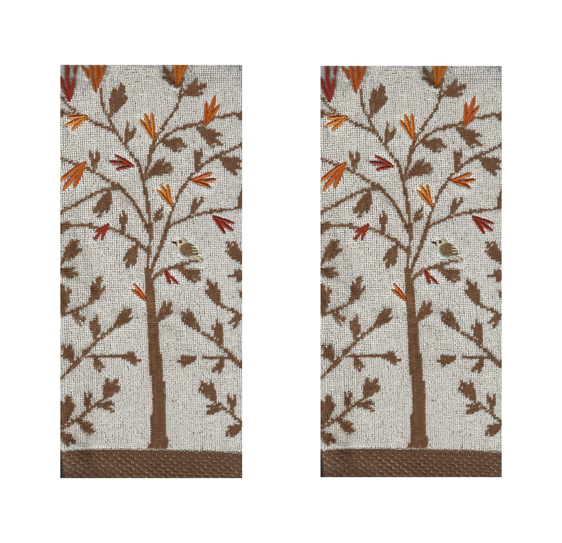 Fall Bath Hand Towels, Set of 2 Beige, Brown Tree and Leaves Celebrate