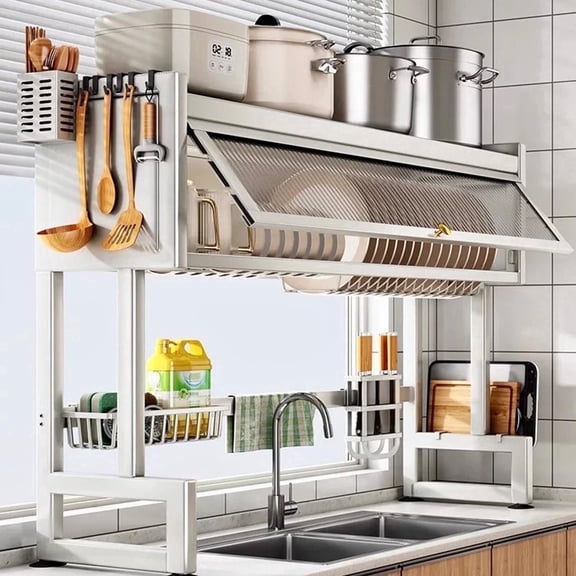 Dish Rack Over Sink for Kitchen, 165LBS Load Drying Rack Above Sink with Visible Cabinet Door, Large Carbon Steel Dish Drainer for Dishes, Bowls and Utensils, White