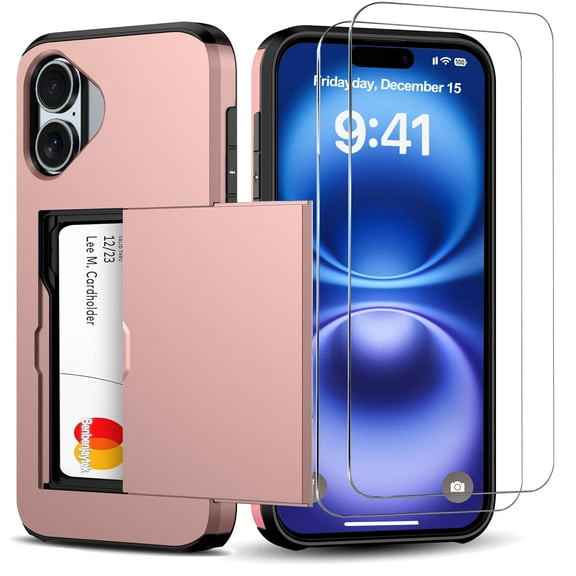 Benbenjaytek for iPhone 16 Wallet Case with Card Holder 2 Tempered Glass Screen Protector Protective Dual Layer Shockproof Hidden Card Slot Slim Case Women Men iPhone 16 6.1 inch 2024 (Rose Gold)