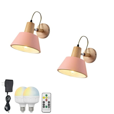 

FSLiving Battery Opertaed Wall Sconce Wireless Remote Control Lamp Rechargeable Stepless Dimming LED Bulb Macaron Pink Color Wall Light Fixture Nightstand Lamp for Reading Dorm Stairways - Set of 2