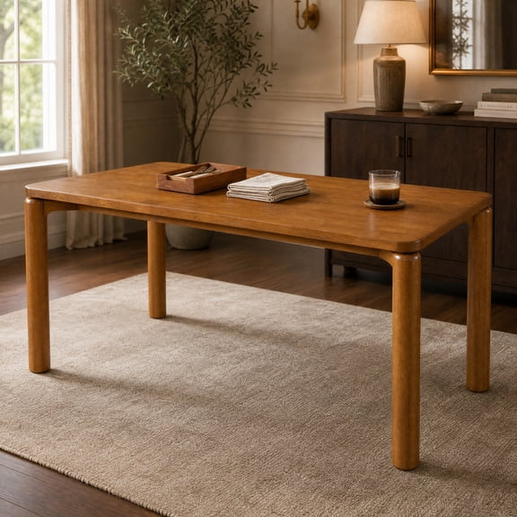 Solid Rubber Wood Dining Table with Round Legs, Walnut Finish Rectangular Kitchen Table for 6-8, 70" Wide