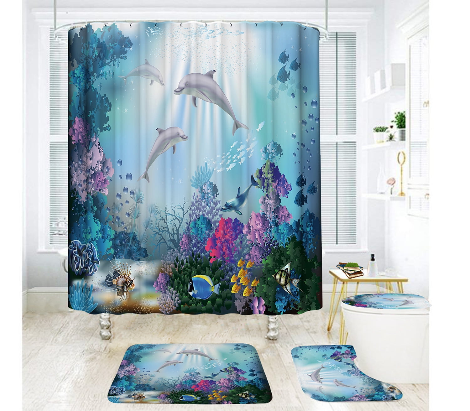 Kids Dolphin Shower Curtain and Bath Rug Set 4 Pcs Fabric Cute Blue Undersea Bathroom Curtain Set Decor 72x72 inches