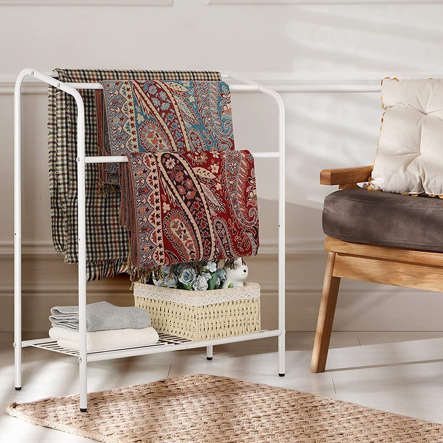 Freestanding TowelRack, 3 Tier Blanket Rack Stand Holder with Shelf,Drying Rack