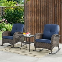 PARKWELL 3-Piece Wicker Rocking Chair with Side Table and Cushions - Outdoor Patio Bistro Set - Brown Wicker, Blue Cushions