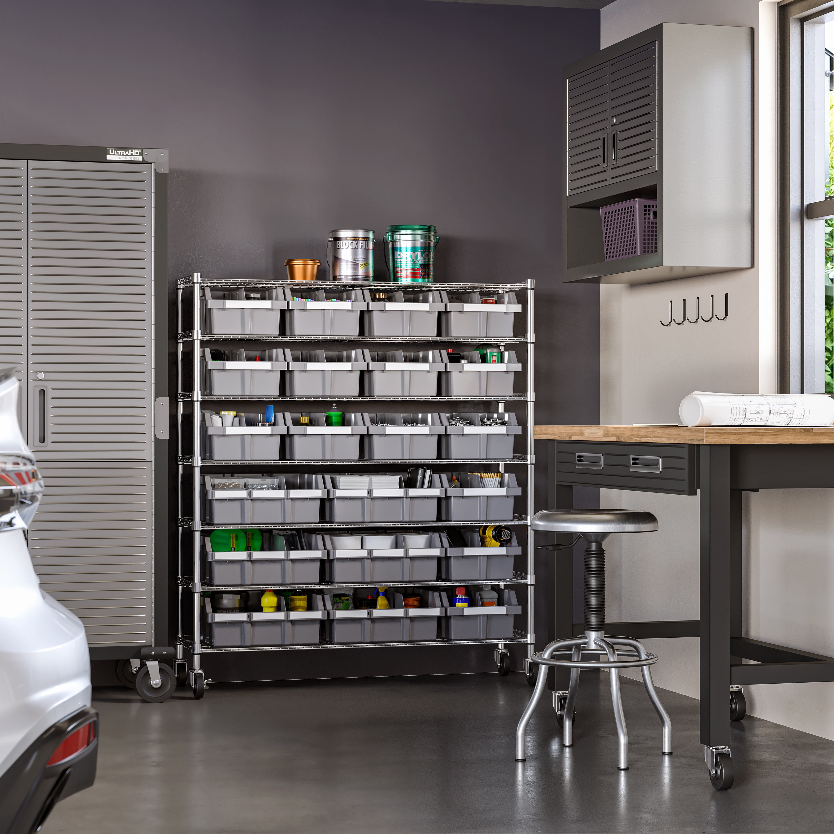 ARCHIVIO グレー 48 Seville Classics 7-Tier 21-Bin Rack with Wheels, 48