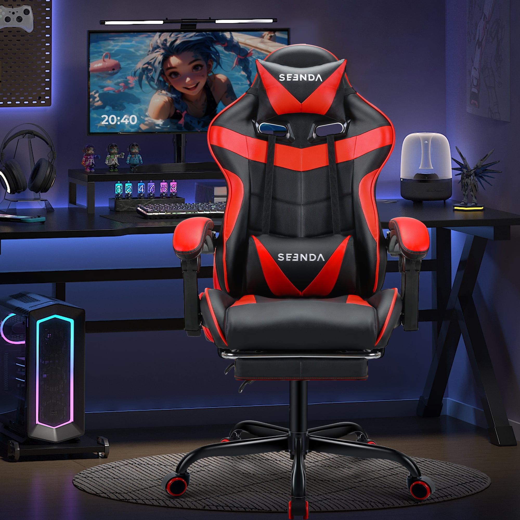 Gaming Seenda Silla Silla de Videojuegos con Reposapiés y Soporte Lumbar, Silla de Ordenador Ergonómica Regulable en Altura con Asiento Giratorio y Reposacabezas, Roja