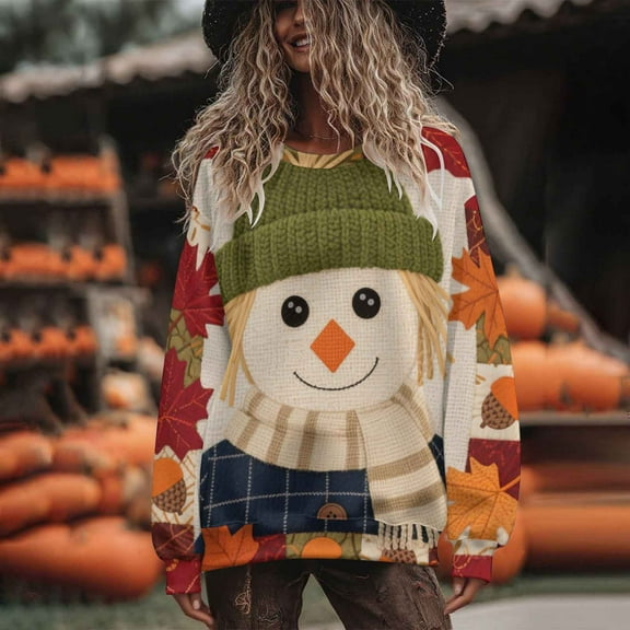 Heisall Womens Sweatshirts 2025 Autumn Winter Thanksgiving Fall Patchwork Print Round Neck Loose Casual Sporty Long Sleeve Fleece-lined No Hood Fashionable Sweatshirts