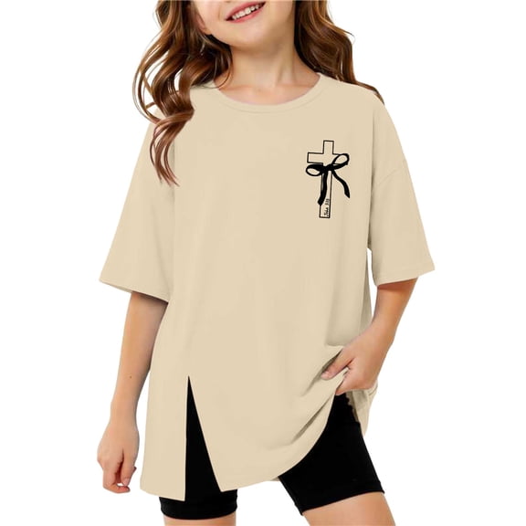 Hienoo Girls Oversized Short Sleeve T Shirt Casual Crewneck Side Split T-Shirt, Sizes 3-16