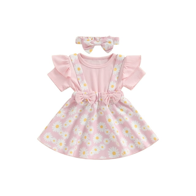 Gupgi Robe Marguerite pour Tout-Petit Bébé Fille, Côtelée, à Volants, Manches Courtes, Patchwork, avec Bandeau