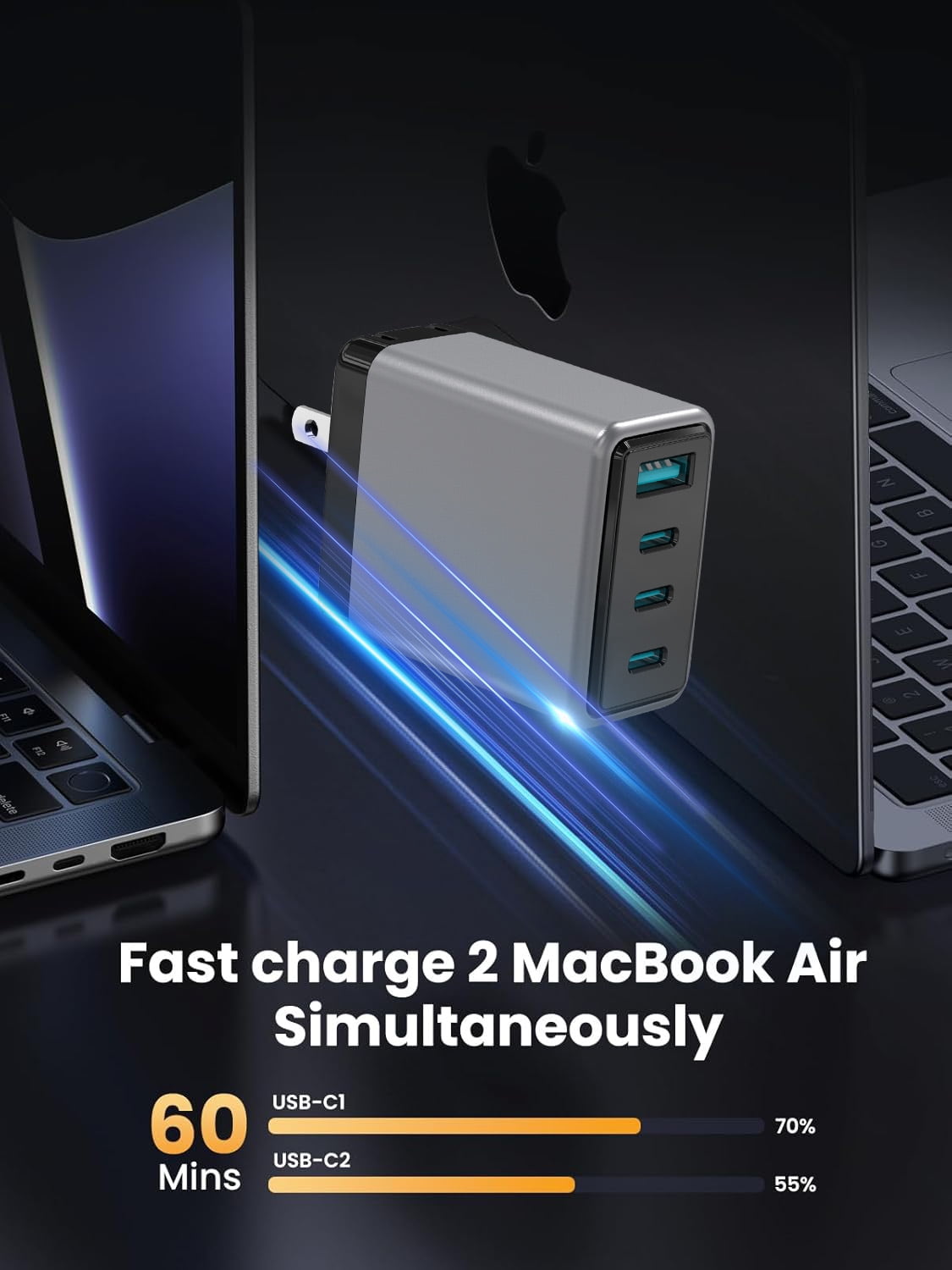 USB C Charger Black 100W, 4 Ports GaN Charger Fast Charging Station Foldable Compact Wall Charging Power Adapter for MacBook Pro/Air, Dell XPS, iPad Pro, iPhone 16/15/14/13/12, Galaxy S24, and More