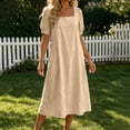 thumbnail image 3 of Ytndtr Women's Square Neck Puff Sleeve Linen Blend Midi Dress Casual Solid Color Shift Dress with Pockets, 3 of 6