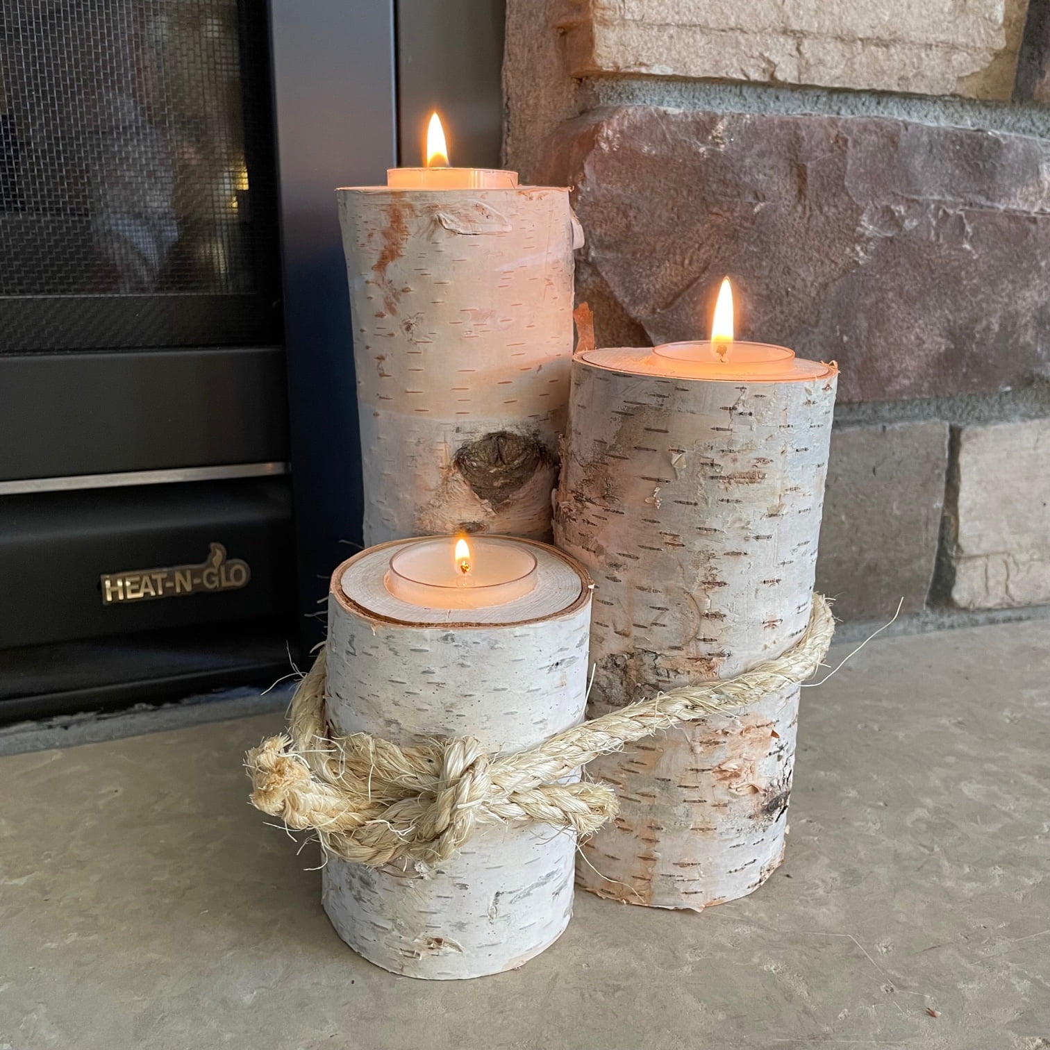 Birch Real Wood Log Decorative Candle Holder Trio With Tea