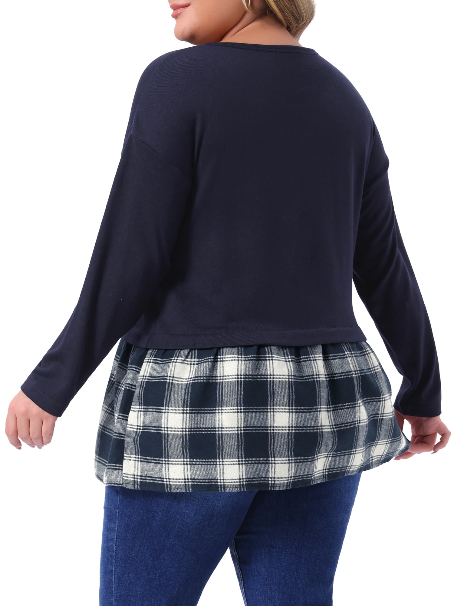 DARING DIVA Women's Plus Long Sleeve T Shirt Tops Patchwork Blouse 3X Navy Blue