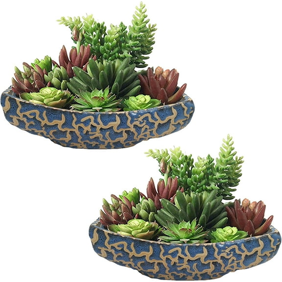 India Meets India Ceramic Boat Shaped Planter Flower Pots Indoor Outdoor Planter, Handicraft by Awarded Indian Artisan (12" Inch, Blue, Set of 2)