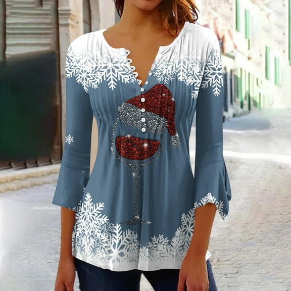 AOOCHASLIY Valentine's Women Gift Blouse Women's Christmas Printed V-neck 3/4 Sleeve Pleated Top