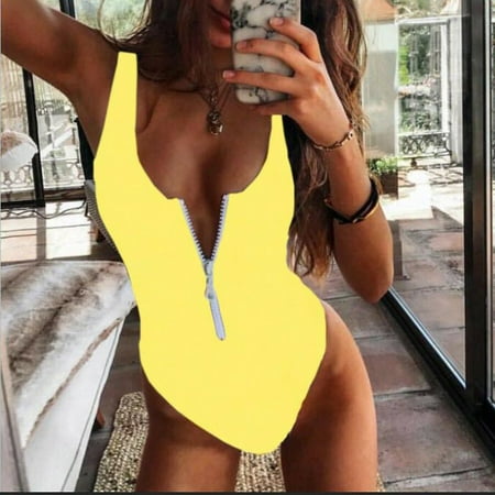 

Finelylove One Piece Swimsuit Padded Sport Bra Style Bikini Yellow S