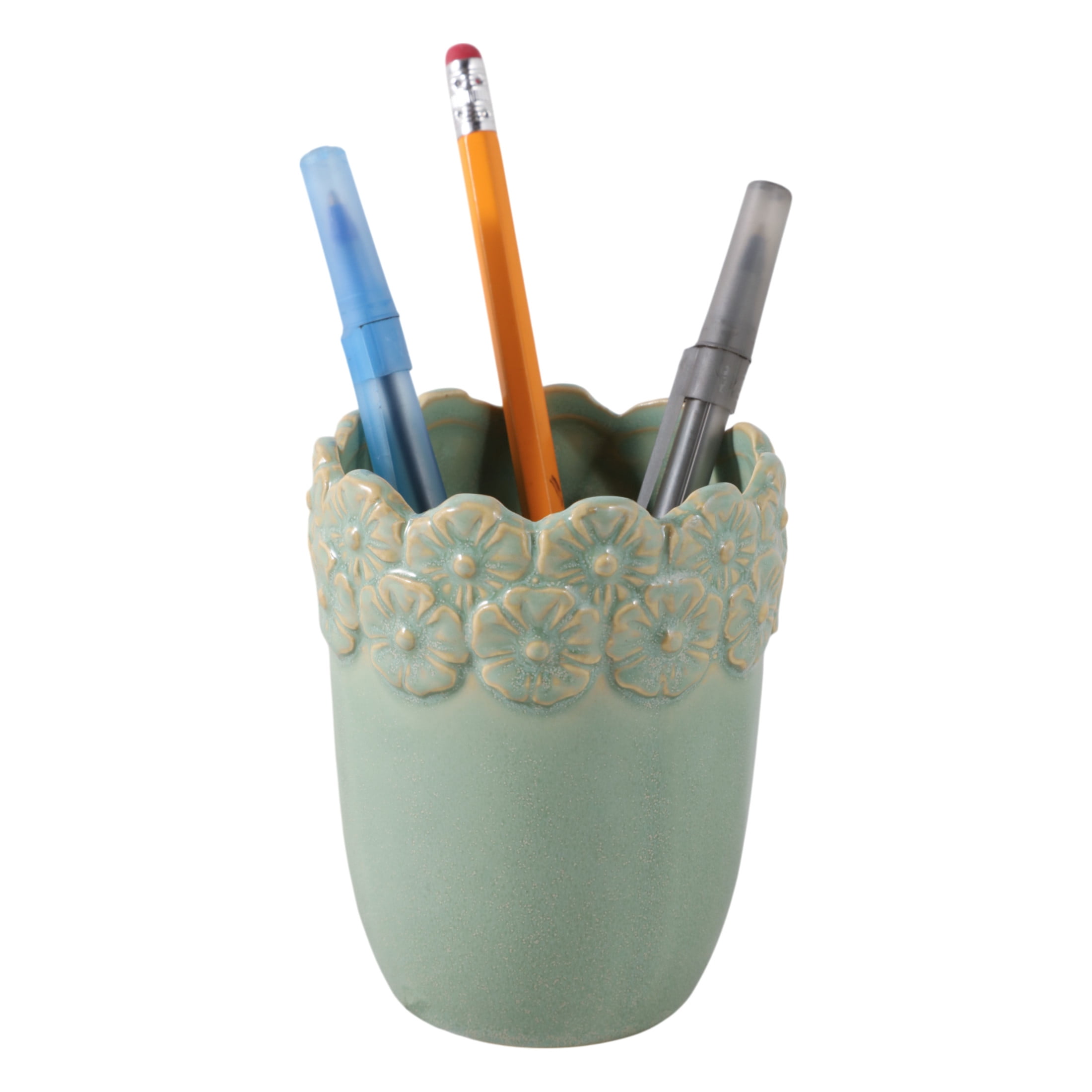 Flower and Scallop Border Ceramic Desk Organizer - Cute Desktop and Office Storage Organizer for Workspace Decor - Functional Small Desk Holder for Office Accessory and Home Decor - 4", Green