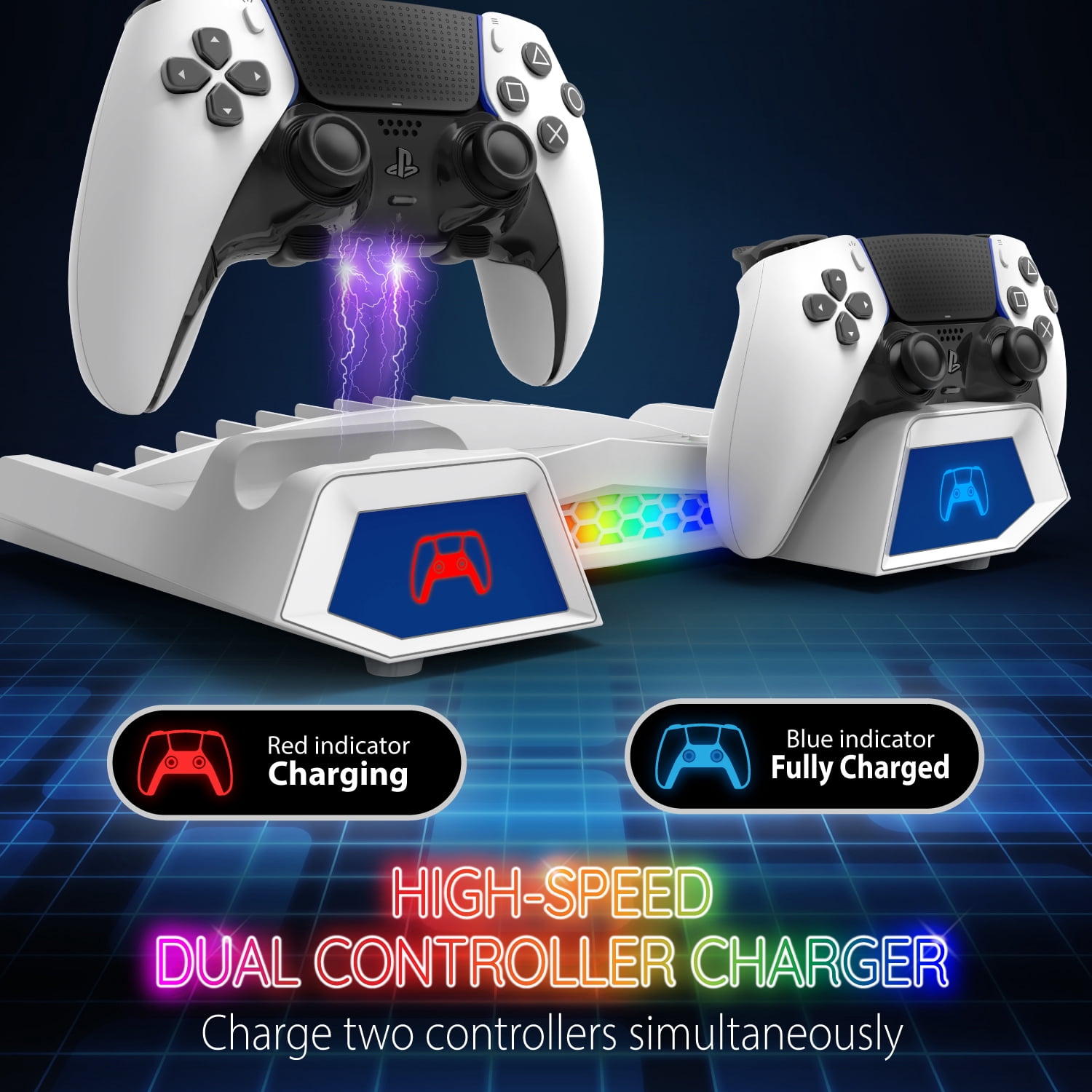 Fosmon PS5 Stand and Cooling Station with RGB LED Light, Dual Charging Station for DualSense/Edge Controller, 15 Game Slots, Headset Holder (Compatible with PlayStation 5 Slim Disc & Digital Version)